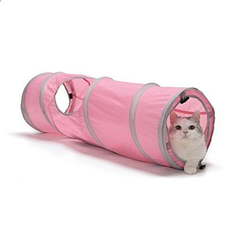 Nakura - Foldable Cat Tunnel With Two Hanging Toys - Pink
